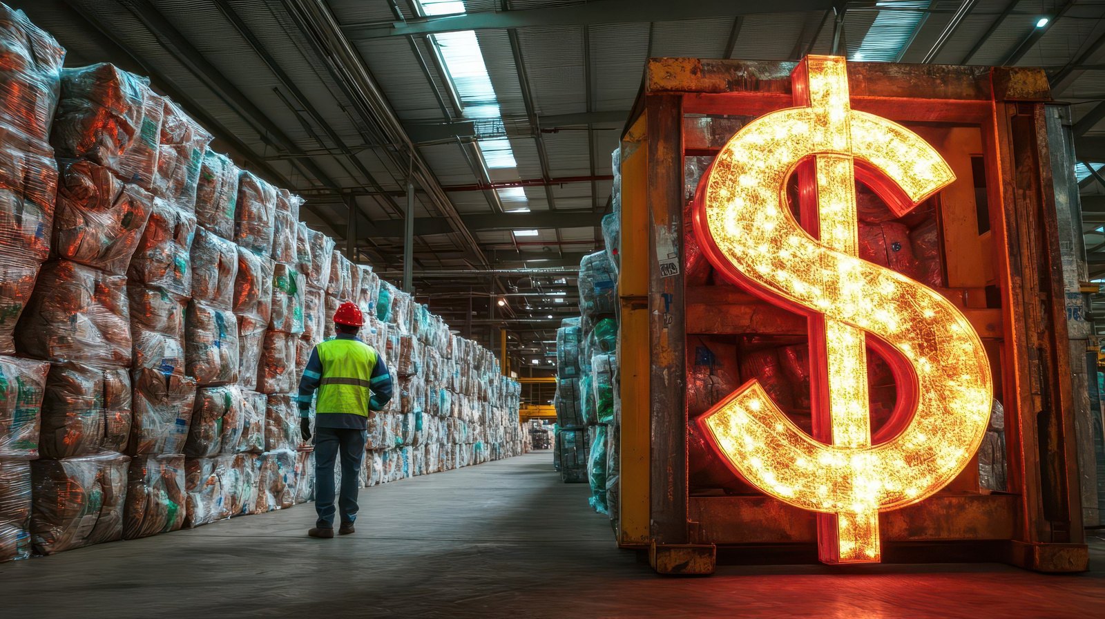 Warehouse aisle with an illuminated dollar sign