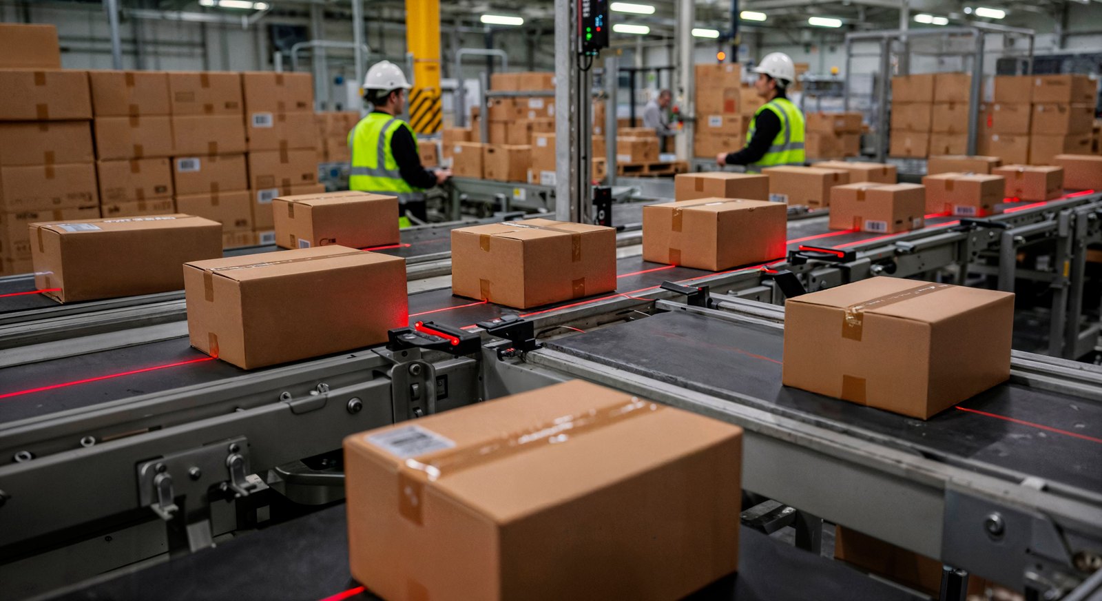 Sample kits moving along a warehouse conveyor
