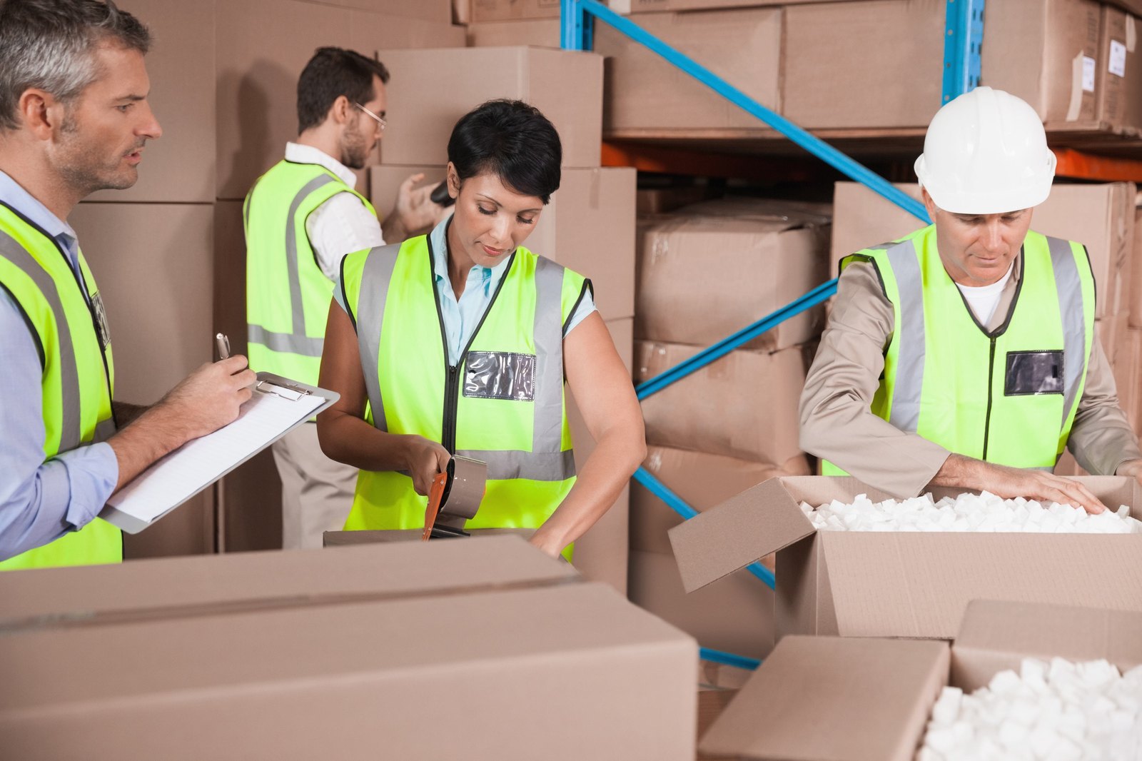 Warehouse team packing sample boxes