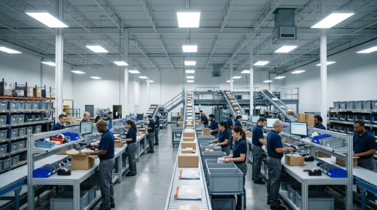Bright fulfillment center with team members in navy uniforms packing orders at workstations