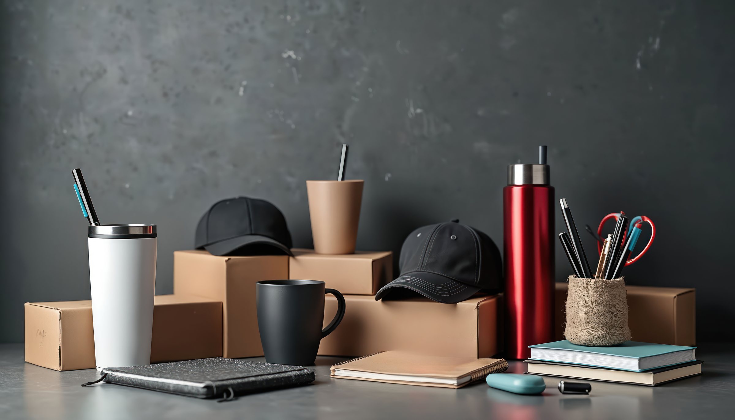Branded merchandise and cartons staged for subscription box packing